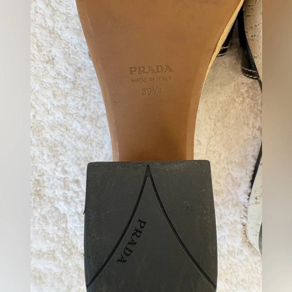 Prada Block Heels Black Patent Leather Cork Platform Slides Size EU 39.5 US 9.5
